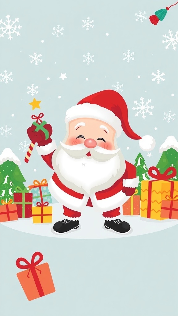 A cheerful Santa Claus in a festive Christmas wallpaper design with snowflakes and gifts.